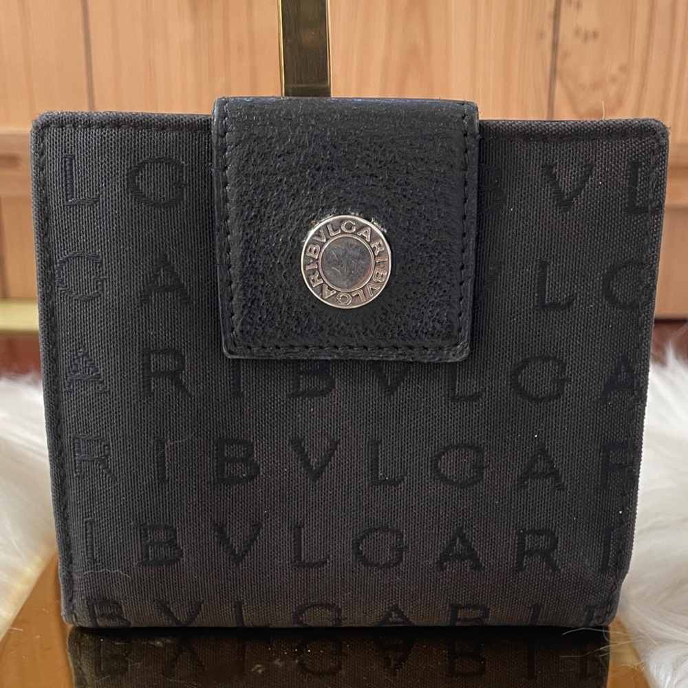 Bulgari Black Logo Canvas Compact 2 Way Snap Wallet-Unisex